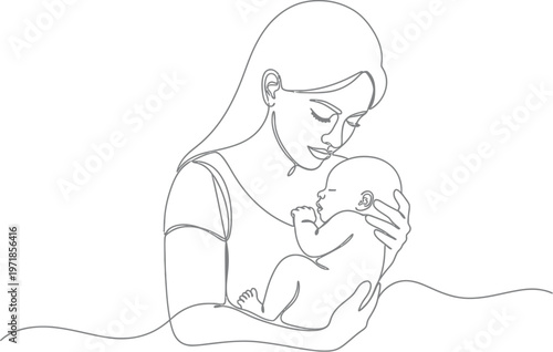 Mother tenderly holding and gazing at her baby with love and care in a simple line drawing style