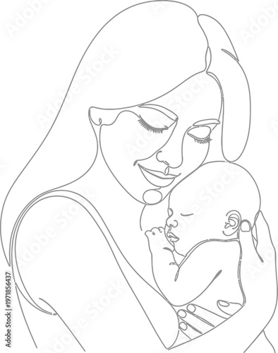 Mother tenderly holding and gazing at her baby with love and care in a simple line drawing style.
