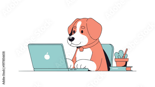 Dog sitting at a laptop computer.