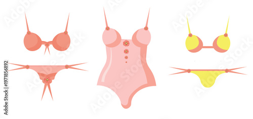 Lingerie and swimwear collection, beachwear fashion illustration, summer bikini set with flowers, pink bodysuit and yellow underwear vectors