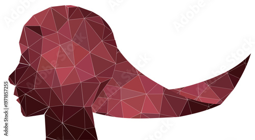 幾何学ポリゴンで構成された赤いロングヘア女性の横顔シルエットが美しく際立つミニマル抽象アート背景素材