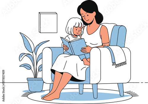 Mother reading book to little child sitting on her lap together
