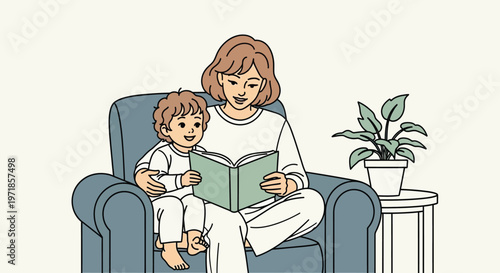 Mother reading a book with her little son on her lap sitting on a chair