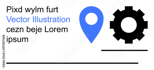 Navigation, engineering, business tools, planning, map integration, project workflows. Blue map pin and black gear with text layout on white. Navigation and engineering concept