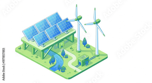 3D isometric vector illustration of solar panels and wind turbines on a green field. Clean sustainable energy concept with blue and green color palette, isolated on white background.