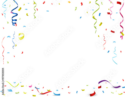 カラフルなリボンと紙吹雪が舞う華やかな余白付き背景でお祝いイベントやパーティーに最適なフレームデザイン素材