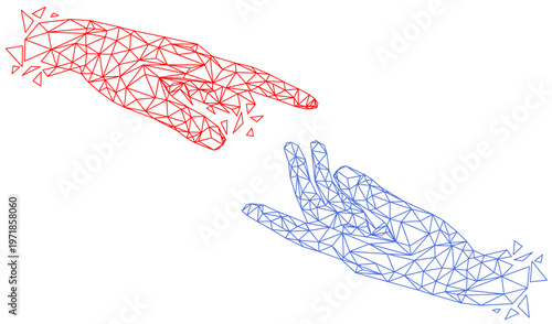 ローポリゴンで構成された赤と青の手が触れ合う瞬間を表現したデジタルコミュニケーションと人間関係の抽象コンセプトアート