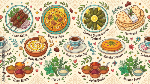 A vibrant and detailed illustration showcasing a variety of delicious Middle Eastern and Mediterranean dishes, spices, and beverages, presented in a decorative border.