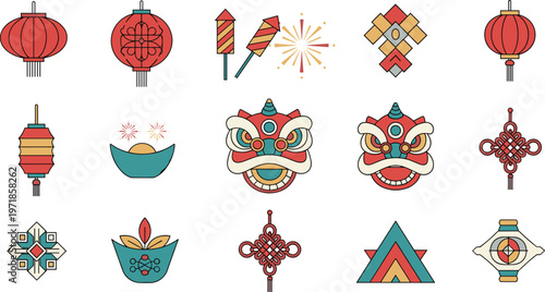 A vibrant collection of traditional chinese new year icons is displayed including lanterns fireworks masks and auspicious knot decorations high quality professional detailed