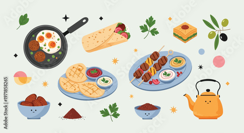 A vibrant collection of Middle Eastern and Mediterranean dishes, including kebabs, falafel, shawarma, baklava, and a teapot, presented in a flat illustration style.