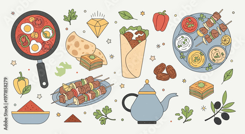 Vibrant illustration of Middle Eastern and Mediterranean cuisine featuring shakshuka, kebabs, falafel, baklava, and traditional elements.