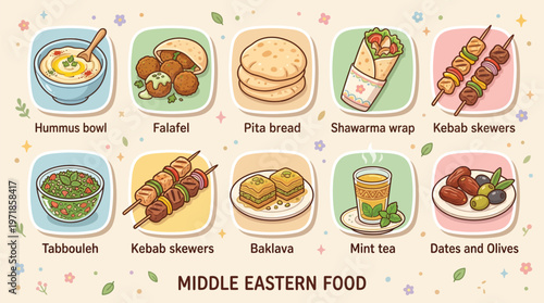 A vibrant illustration showcasing a variety of delicious Middle Eastern food items, including hummus, falafel, shawarma, kebabs, and baklava, presented in a charming, colorful grid.