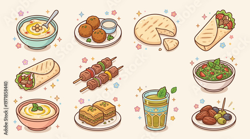 A vibrant collection of cartoon-style Middle Eastern and Mediterranean dishes including hummus, falafel, kebabs, pita bread, wraps, baklava, and mint tea.