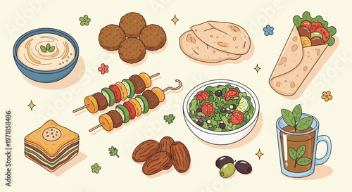 A vibrant and delicious assortment of Middle Eastern food items, including hummus, falafel, kebabs, salad, baklava, dates, and mint tea.
