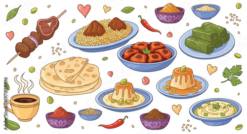 A vibrant collection of Middle Eastern and Mediterranean cuisine, featuring kebabs, rice dishes, flatbreads, desserts, and spices.