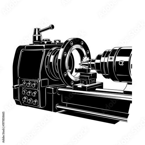 Precision Turning Machine: A close-up view of a metal lathe, a symbol of industrial manufacturing, showcasing its intricate mechanisms, highlighting the precision and power of this essential tool.
