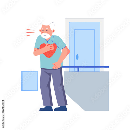 An older man clutching his chest in pain while standing in a hospital corridor