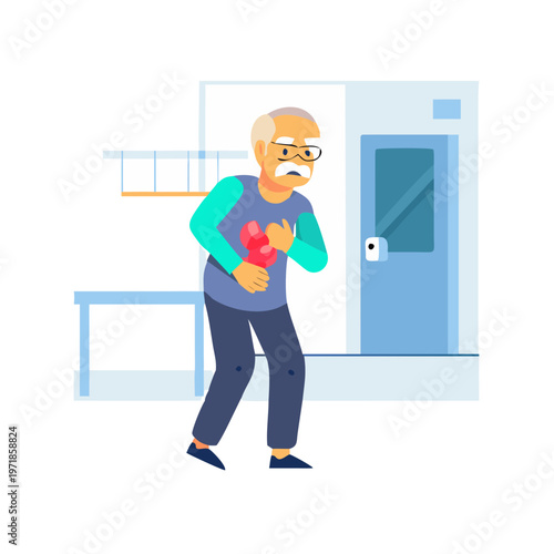 An older man clutching his chest in pain while standing in a hospital corridor