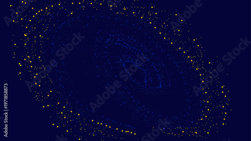 深いネイビーブルーの宇宙空間に黄色と青の粒子が広がる幻想的なデータビジュアライゼーション背景