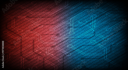 赤と青のグラデーションに二進数が流れるサイバー空間を表現した情報セキュリティとデータ通信の抽象テクノロジー背景