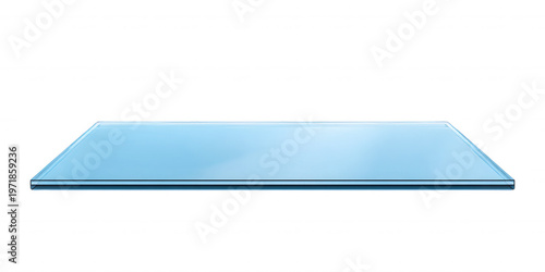 白い背景に浮かぶ透明な青いガラスの棚のイラスト。商品の展示やプレゼンテーションに最適な、清潔感のあるミニマルなデザインのディスプレイ用プラットフォーム。光沢のある表面と透き通った質感が特徴的な3Dレンダリング素材。