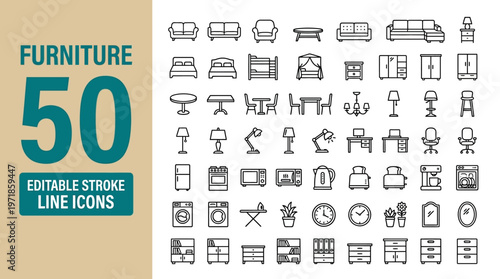 Furniture icons set with editable stroke line style