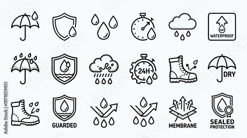 Waterproof icons set rain protection symbols