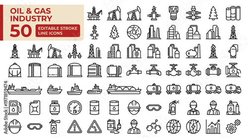 Oil and gas industry editable stroke line icons set