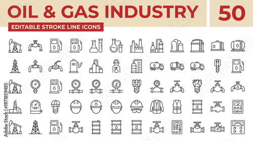 Oil and Gas Industry Editable Stroke Line Icons Set