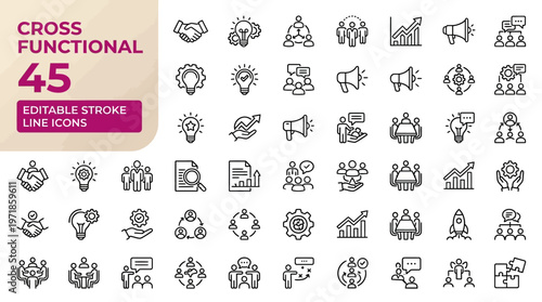 Cross functional editable stroke line icons business teamwork communication