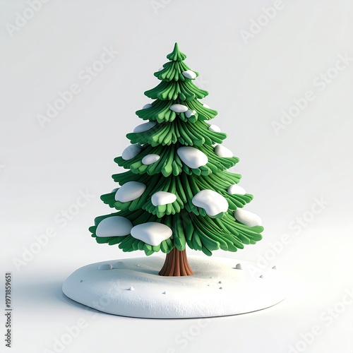 Cartoon Christmas tree with snow 3D rendering on white background festive winter holiday decoration cute style bright green with white snow patches