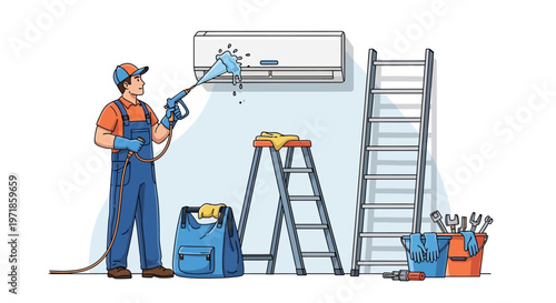 An illustration depicts a worker in blue overalls and gloves professionally cleaning a wall-mounted air conditioner with a pressure washer in a residential setting, creating a neat and tidy