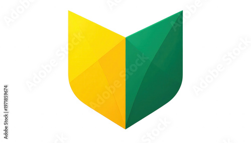 日本の運転免許取得直後のドライバーが使用する初心者マークを、現代的なローポリゴンの幾何学スタイルで表現したイラスト素材です。黄色と緑の鮮やかな配色が特徴的で、白背景に映えるクリーンなデザインは、スキルの習得や新しい始まり、未熟さを象徴するアイコンとして最適です。