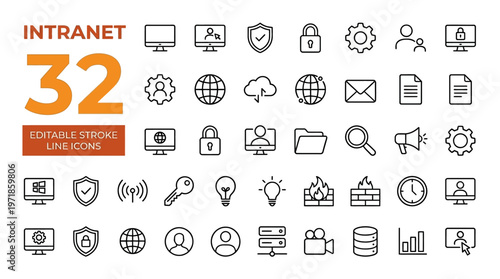 Intranet editable stroke line icons set for business and technology