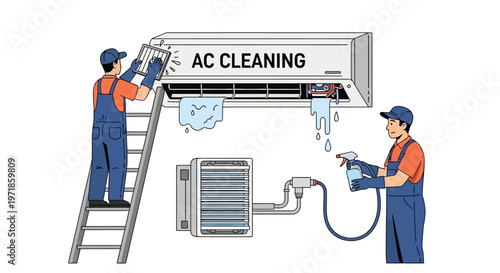 A maintenance worker on a ladder is depicted cleaning an air conditioner with water and spray, while a second worker assists, set against a clean white background in a bright, illustrative