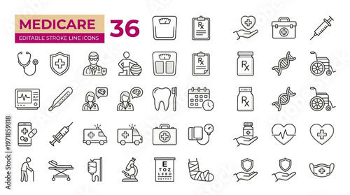Medicare Editable Stroke Line Icons Medical Healthcare Symbols