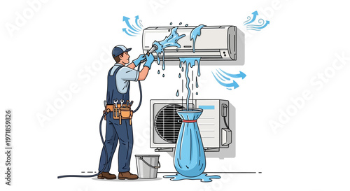 Illustration of a technician cleaning an air conditioner with a spray nozzle and water flowing into a bag, set against a clean white backdrop, presented in a bright, cartoon style, showing
