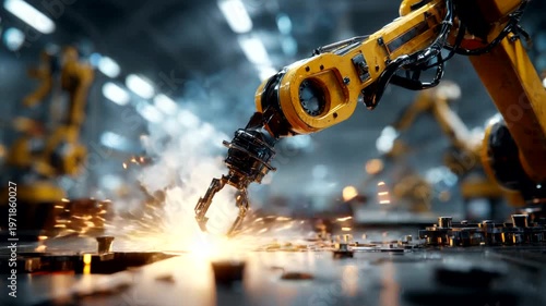 Robotic Arm Welding Sparks in Industrial Setting