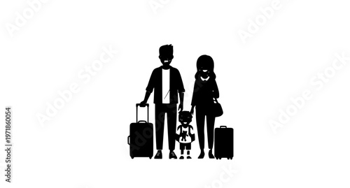 Happy family travel vector with parents and child holding suitcases and backpacks at airport vacation concept
