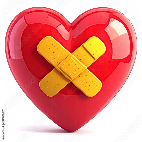 Cartoon glossy red heart with criss-cross bandage 3D rendering illustration symbol of recovery and healing isolated on white background