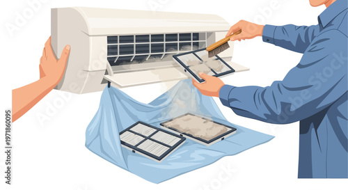 Close-up of a technician cleaning the air conditioner filter with a brush in a bright room, with other filters laid on a blue sheet, in order to maintain the cleanliness of the appliance