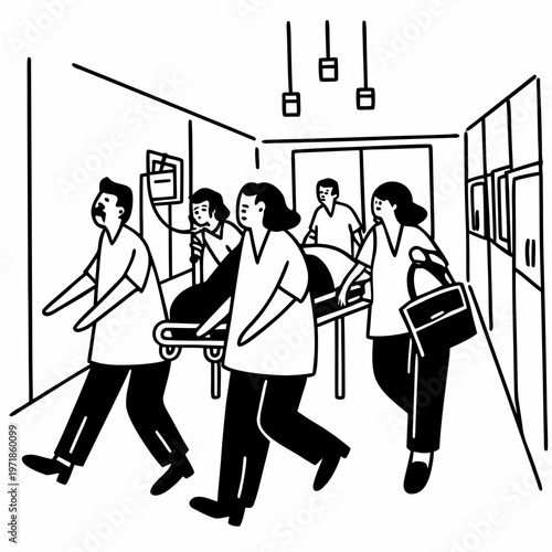 Medical Team Emergency Response in Hospital Corridor