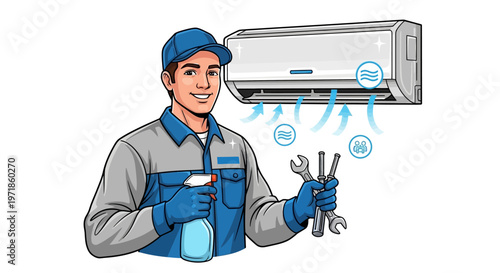 A smiling repairman in a blue uniform holding wrenches and a spray bottle stands in front of an air conditioner unit with arrows indicating airflow, set against a clean white background