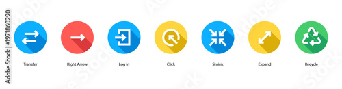 Fotografie Navigation Actions web banner icon vector illustration featuring Transfer, Right Arrow, Log in, Click, Shrink, Expand, and Recycle