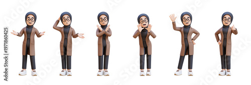 Collection of 3D cartoon female character poses wearing hijab and business attire. conveying vario