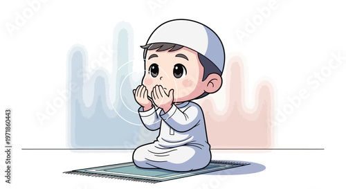 Cute Muslim boy praying on prayer mat, Islamic child devotion, religious upbringing, peaceful worship