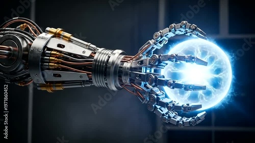 Robotic Hand Holding Glowing Light Bulb.