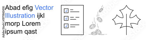 Financial planning, task management, savings, organization, nature, Canadian . Line drawings of a checklist, falling coins and a maple leaf with text. Financial planning and task management concepts