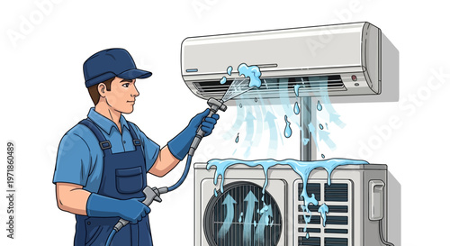 Illustration of a technician cleaning an air conditioner unit with a hose, showing water spraying and dripping, set against a plain white background with detailed line work and a cool