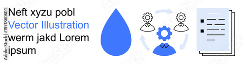 Business workflow, automation, document management, process efficiency, team collaboration, sustainable practices. Blue water drop, gear people icons documents. Business workflow and automation